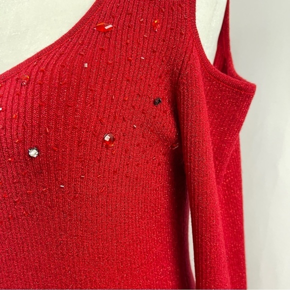 Belldini Large Y2K Cold Shoulder Beaded Rhinestone Ribbed Holiday Top Formal - Picture 3 of 11